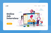 Online Job Interview Landing Page Template. Characters Asking Questions to Applicant About Work History Skills via Internet Conference Connection, Listen Candidate. Cartoon People Vector Illustration