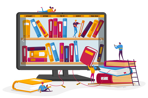 Online Library and Media Books Archive Concept. Tiny People Characters at Huge Computer Screen with Bookshelves Reading E-books and Study at School Using Digital E-library. Cartoon Vector Illustration