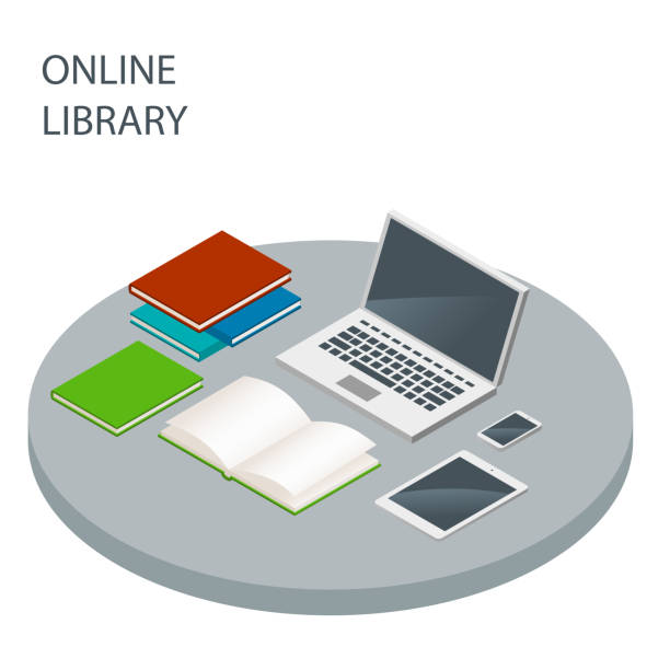 Online library isometric concept. Books and computer. Reading...