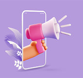 istock Online marketing concept illustration with cartoon 3d rendered hand holding megaphone coming out from smartphone screen on purple background. Vector illustration 1354200982