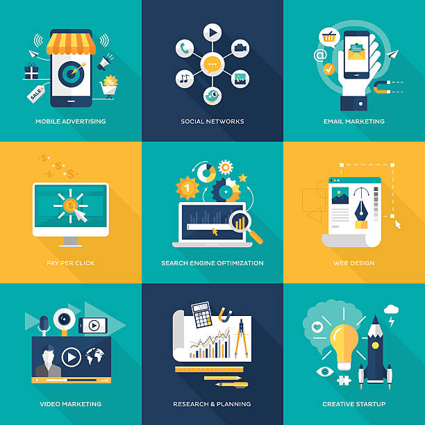 Online marketing Flat vector set of illustrations with layers and shadows. create an account stock illustrations