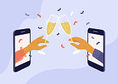 Couple celebrate birthday or holiday event remote by internet. Meeting friends at online quarantine party. Female and male hands clink champagne glasses through smartphone screen. Vector illustration.