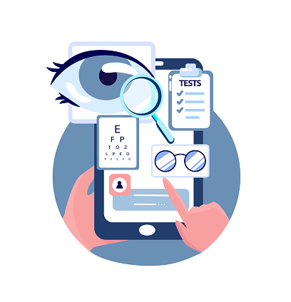 Online Ophthalmic Touchscreen Application.Optician's Shop.Eye Glasses Choose.Eye Vision Acuity,Snellen Chart.Near-sightedness,Farsightedness.Mobile Internet,Smartphone Consultation.Vector Illustration