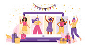 Online party, birthday, meeting friends. Friends communicate via video chat. Women have fun, laugh, talk and drink wine. Online chat using the video app. Fun time at home. Vector flat illustration