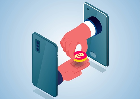 Online payment, online loan, cash back, online transfer, hand giving money via smartphone