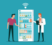 Isometric flat vector concept of online pharmacy, mobile app.