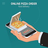 Online pizza. Ecommerce concept - order food online website. Fast food pizza delivery online  service. Flat 3d isometric vector illustration