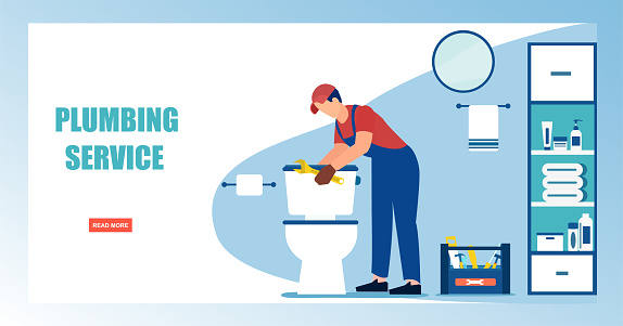 Online plumbing service concept. Vector of a plumber fixing a toilet