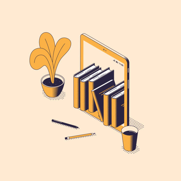Online reading and education isometric vector illustration. Online reading and education isometric vector illustration - stack of books standing inside of digital tablet with house flower, pencils and cup of coffee. Electronic library or e-book concept . digital display illustrations stock illustrations