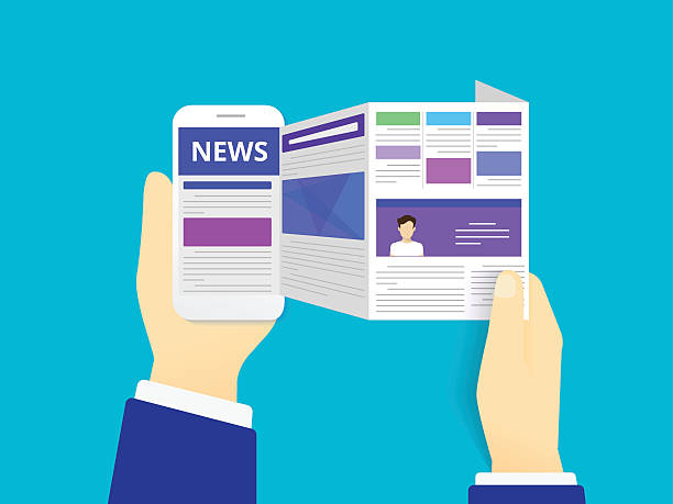 Online reading news Online reading news. Vector illustration of online reading news using smartphone newspaper illustrations stock illustrations
