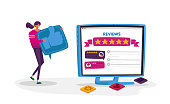 Online Review, User Experience, Ranking Evaluation and Rating Concept. Tiny Female Character with Huge Thumb Up Icon Give Feedback for Good or Bad Job Services in Internet. Cartoon Vector Illustration