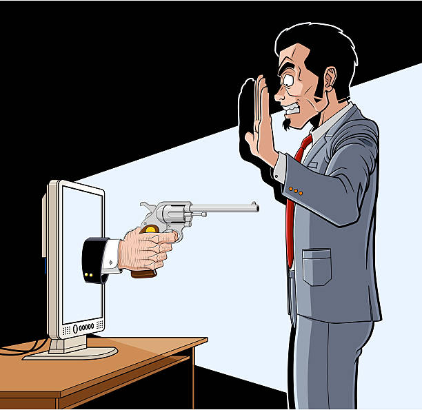 Online robbery Conceptual illustration about IT crimes. A hand with a pistol comes out from a screen and threatens a man. The man is worried and puts his hands high. gun violence stock illustrations