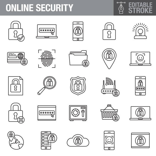 Online Security Editable Stroke Icon Set A set of editable stroke thin line icons. File is built in the CMYK color space for optimal printing. The strokes are 2pt black and fully editable, so you can adjust the stroke weight as needed for your project. security stock illustrations