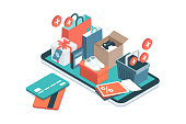 Online shopping app: gifts, shopping items, credit cards and discount coupons on a smartphone