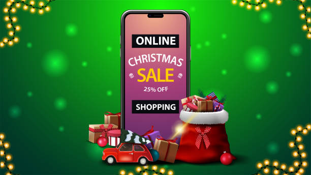 ilustrações de stock, clip art, desenhos animados e ícones de online shopping, christmas sale, green discount banner withsmartphone with offer on screen, santa claus bag with presents and red vintage car carrying christmas tree - smartphone christmas