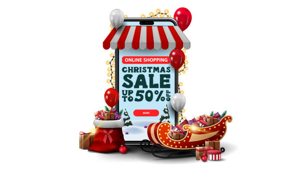 ilustrações de stock, clip art, desenhos animados e ícones de online shopping, christmas sale, up to 50% off. online shopping with smartphone. volumetric smartphone wrapped with garland and presents around isolated on white background - smartphone christmas