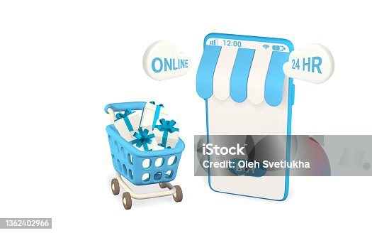 istock Online shopping concept. Realistic 3d mobilephone with blue shopping cart and gift boxes. Online store. Vector illustration 1362402966
