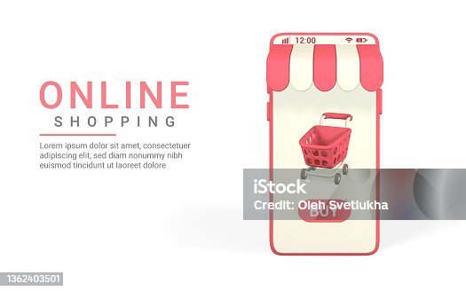 istock Online shopping concept. Realistic 3d mobilephone with red shopping cart. Online store. Vector illustration 1362403501