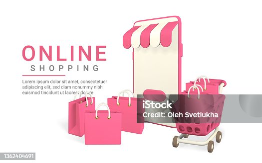 istock Online shopping concept. Realistic 3d mobilephone with red shopping cart and shopping bags. Online store. Vector illustration 1362404691