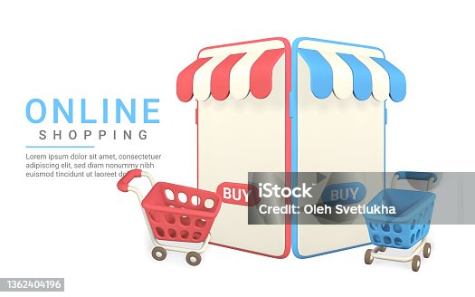 istock Online shopping concept. Realistic 3d shop in mobilephone with shopping cart. Online store. Vector illustration 1362404196