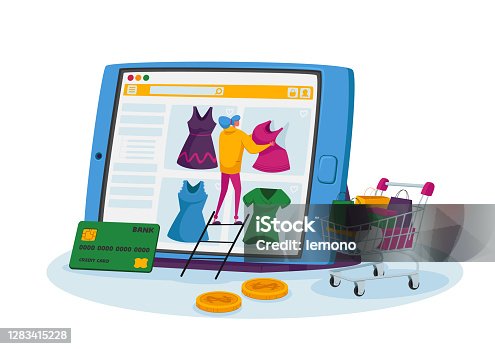 istock Online Shopping Concept. Tiny Female Customer Character Stand on Ladder Choose Dress on Huge Tablet, Internet Store 1283415228