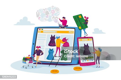 istock Online Shopping Concept. Tiny Female Customer Characters with Credit Card Buying Goods at Huge Digital Gadget Screen 1283415222