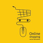 Online shopping concept. Vector illustration minimal design. Computer mouse connect to the shopping basket. Modern technology e-shopping. Purchases in internet. E-commerce.