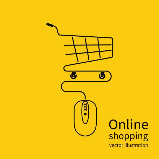 Online shopping concept. Online shopping concept. Vector illustration minimal design. Computer mouse connect to the shopping basket. Modern technology e-shopping. Purchases in internet. E-commerce. online shopping stock illustrations