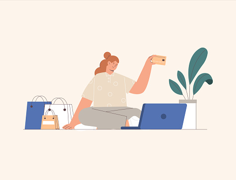 Online shopping concept, woman sitting at a laptop and shopping and pay online. Flat style vector illustration.