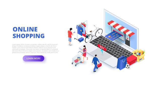 Online shopping design concept with people and laptop. Isometric vector illustration. Landing page template for web. Online shopping design concept with people and laptop. Isometric vector illustration. Landing page template for web. e commerce stock illustrations