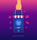Online shopping. Hand holding smartphone and shopping bag. E-commerce concept. Vector illustration