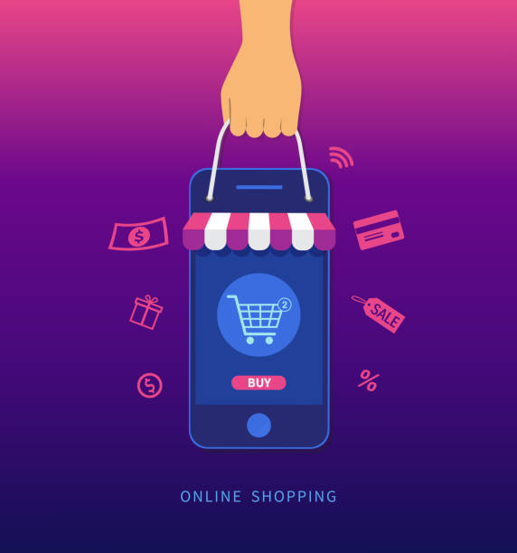 Online shopping. Hand holding smartphone and shopping bag. E-commerce concept. Vector illustration Online shopping. Hand holding smartphone and shopping bag. E-commerce concept. Vector illustration store backgrounds stock illustrations