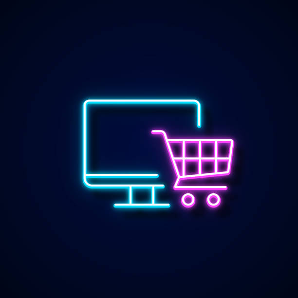 illustrazioni stock, clip art, cartoni animati e icone di tendenza di icona dello shopping online stile neon, elementi di design - shopping online