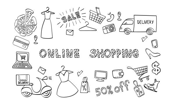 Online shopping icons set Online shopping icons set. Hand drawn e-commerce objects isolated on white background. Vector illustration. shopping drawings stock illustrations