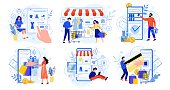 Online shopping. Internet market, mobile app shopping and people buy gifts. Smartphone payment and outfit sale flat vector illustration set. E commerce concept. Customers faceless characters