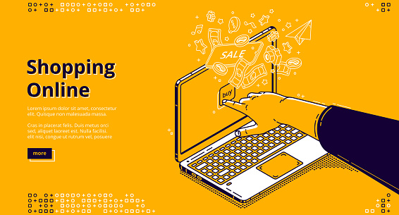 Online shopping isometric landing page, web banner