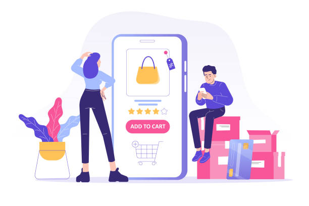 ilustrações de stock, clip art, desenhos animados e ícones de online shopping service concept. young woman and man customers sitting on boxes ordering with huge smartphone app. ordering with online payment. purchase. shipping. isolated stock vector illustration - compras