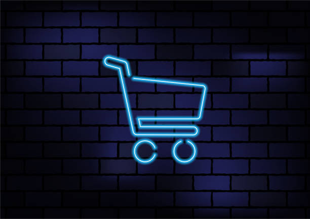 ilustrações de stock, clip art, desenhos animados e ícones de online shopping sign blue neon light on dark brick wall - store render