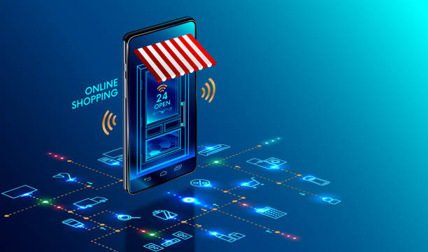 Online shopping. Smartphone turned into internet shop. Concept of mobile marketing and e-commerce. Isometric supermarket smartphone with icons of purchases. Awning above online store front door. Online shopping. Smartphone turned into internet shop. Concept of mobile marketing and e-commerce. Isometric supermarket smartphone with icons of purchases. Awning above online store front door. store backgrounds stock illustrations