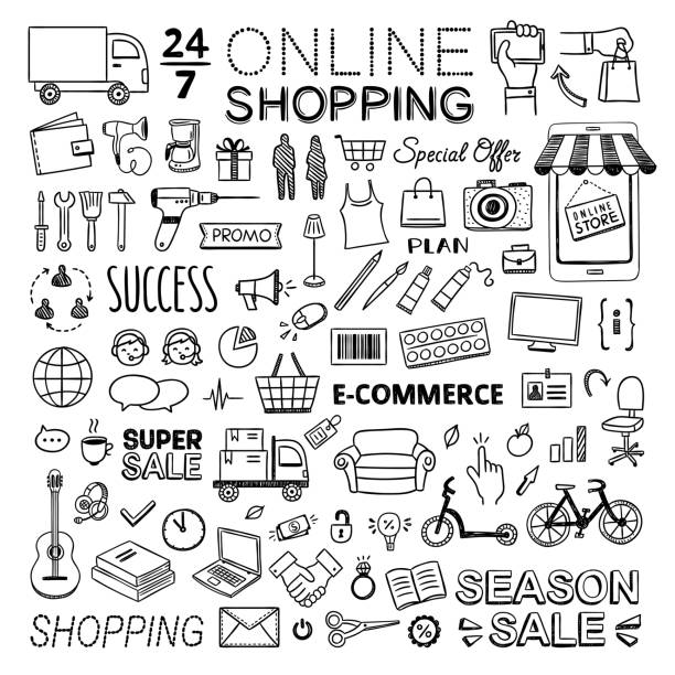 Online shopping vector doodle icons on white background. Hand drawn commerce and buying symbols and signs collection Online shopping vector doodle icons on white background. Hand drawn commerce and buying symbols and signs collection store drawings stock illustrations