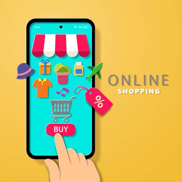 Online Shopping Paper craft of online shopping with customer buying anything from online store through mobile phone online shopping stock illustrations