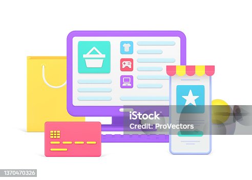 istock Online shopping website with laptop monitor and smartphone for buying goods paying 3d icon 1370470326