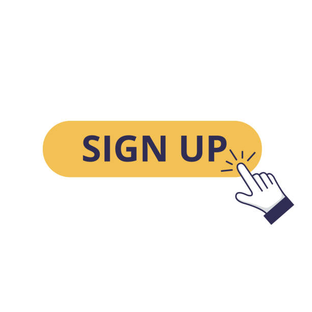 Online sign up, click on the registration button and lead conversion process. Hand pushing the CTA button, enrolling. Online sign up, click on the registration button and lead conversion process. Hand pushing the CTA button, enrolling by invitation. Flat line vector illustration on white. signup stock illustrations