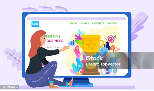 istock Online store landing page template. The girl looks at the screen. Number one in business sphere 1413954712