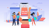 Online Store. Women make Purchase Mobile Store. Luxury Goods bought Through Phone. Male Virtual Version.  Spend more Time Shopping Online. People Convenient Buy different Brand Clothing.
