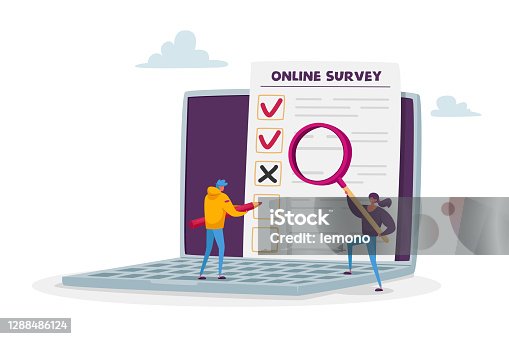 istock Online Survey, Customer Feedback, Service Rate, Voting Concept. Tiny Male and Female Characters Filling Digital Form 1288486124
