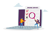Online Survey, Customer Feedback, Service Rate, Voting Concept. Tiny Male and Female Characters with Pencil and Magnifier Filling Digital Form on Huge Laptop Screen. Cartoon People Vector Illustration