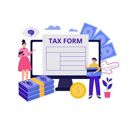 Online tax consultation with people filling form, vector illustration isolated.