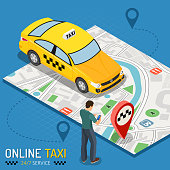 Man orders taxi from smartphone. Online taxi 24/7 service concept with people, car, map and route pin. isometric icons. vector illustration