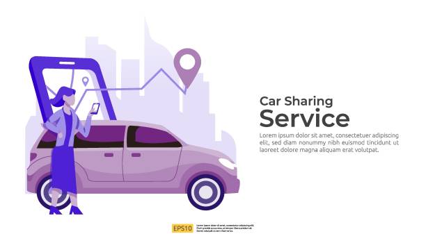 online taxi or rent transportation using smartphone service application with character and route points location on gps map for landing page, banner, web, UI, flyer. Car sharing illustration concept vector art illustration